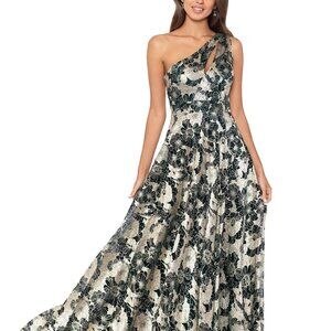 Betsy & Adam Asymmetrical Green and Gold One Shoulder Gown